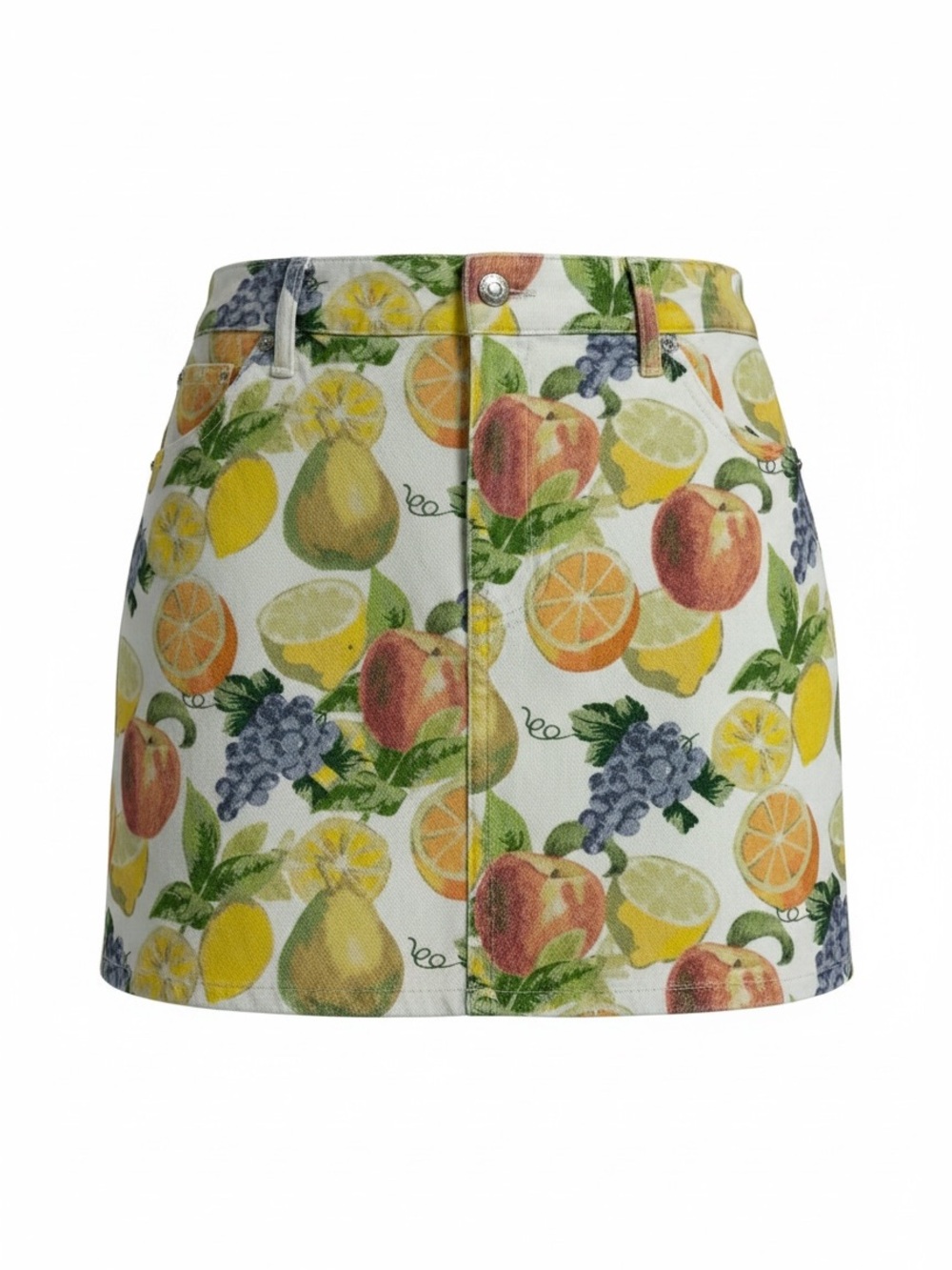 Topshop Fruit Print Denim Mini Skirt High Waisted Summer Fruit Graphic Size 10